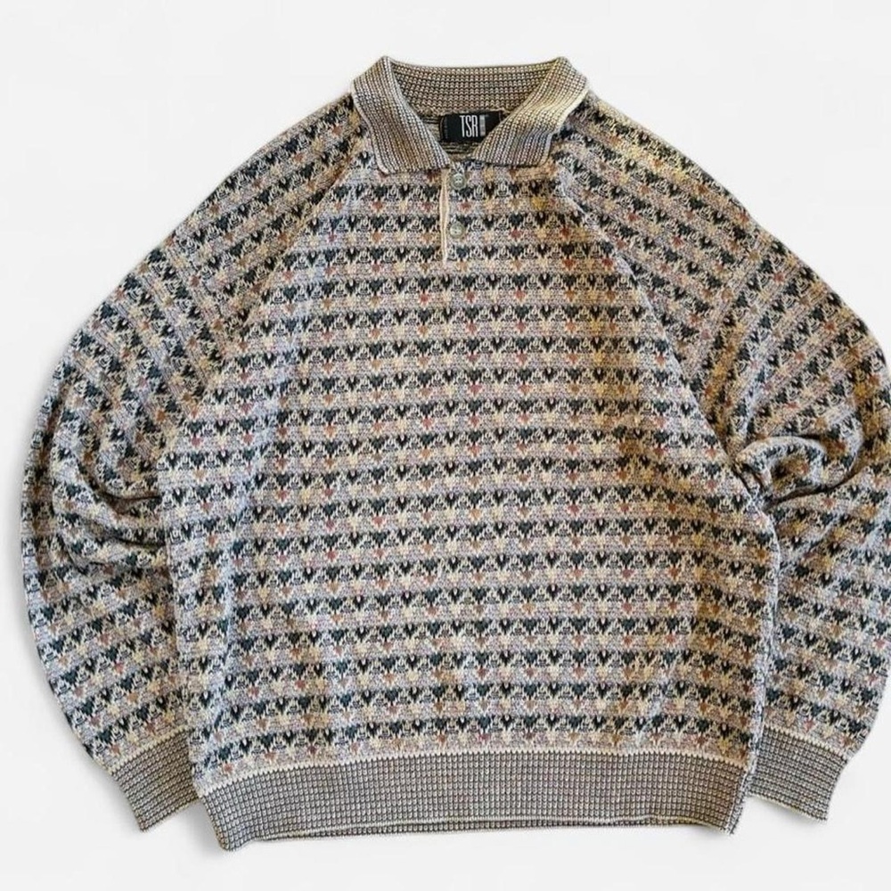 Vintage TSR Earthy Tan, Green & Multicolored Knit Collared Sweatshirt Sweater